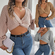V-neck Lantern Sleeve Midriff-baring Sweater - shoperly