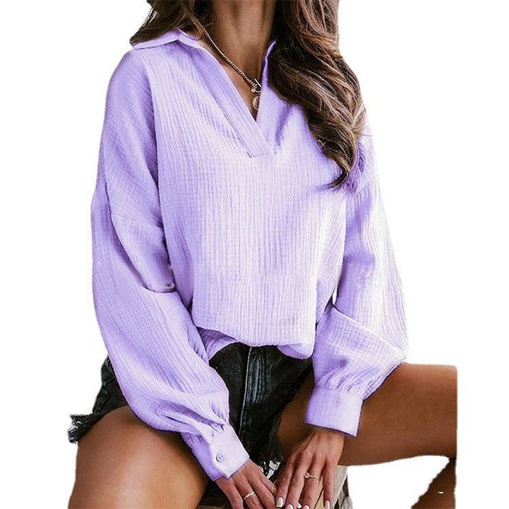 Lapel Lantern Long Sleeve Solid Color Shirt - shoperly