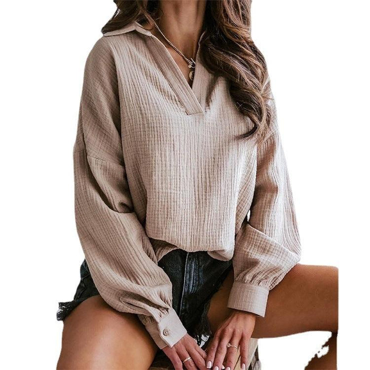 Lapel Lantern Long Sleeve Solid Color Shirt - shoperly