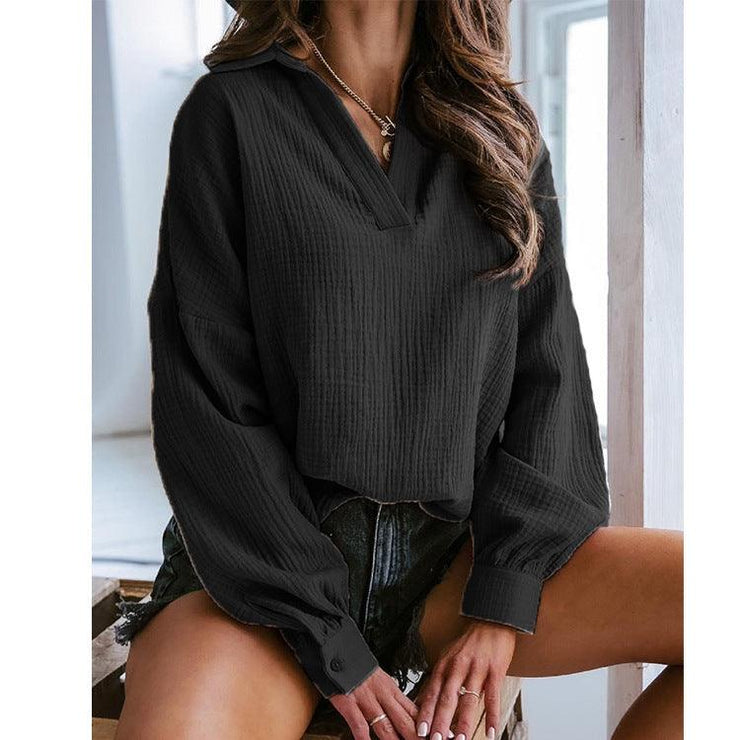 Lapel Lantern Long Sleeve Solid Color Shirt - shoperly