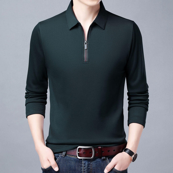 Spring And Autumn Men Long Sleeve Lapel Half Zip T Shirt - shoperly