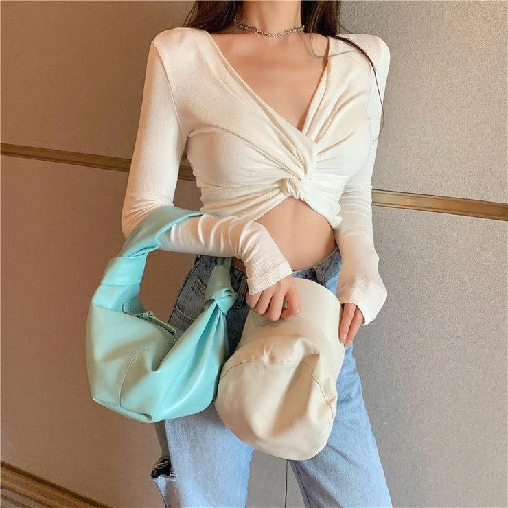 V-neck long sexy crop top - shoperly