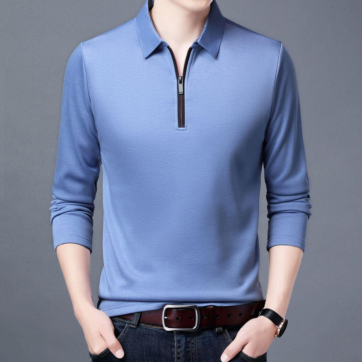 Spring And Autumn Men Long Sleeve Lapel Half Zip T Shirt - shoperly