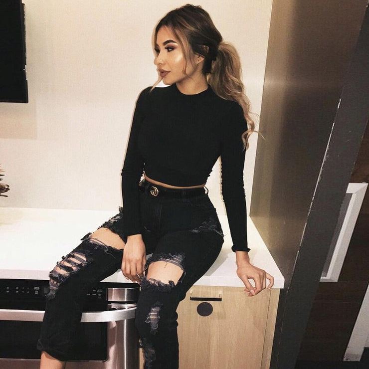 Winter Fleece Crop Women Tight Pullover Basic - shoperly