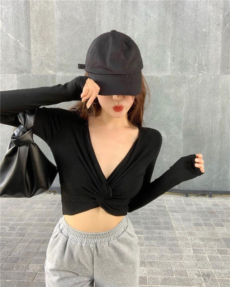 V-neck long sexy crop top - shoperly