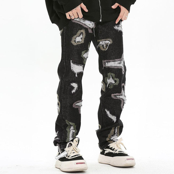 Color Contrast Ripped Embroidered Jeans American Style - shoperly