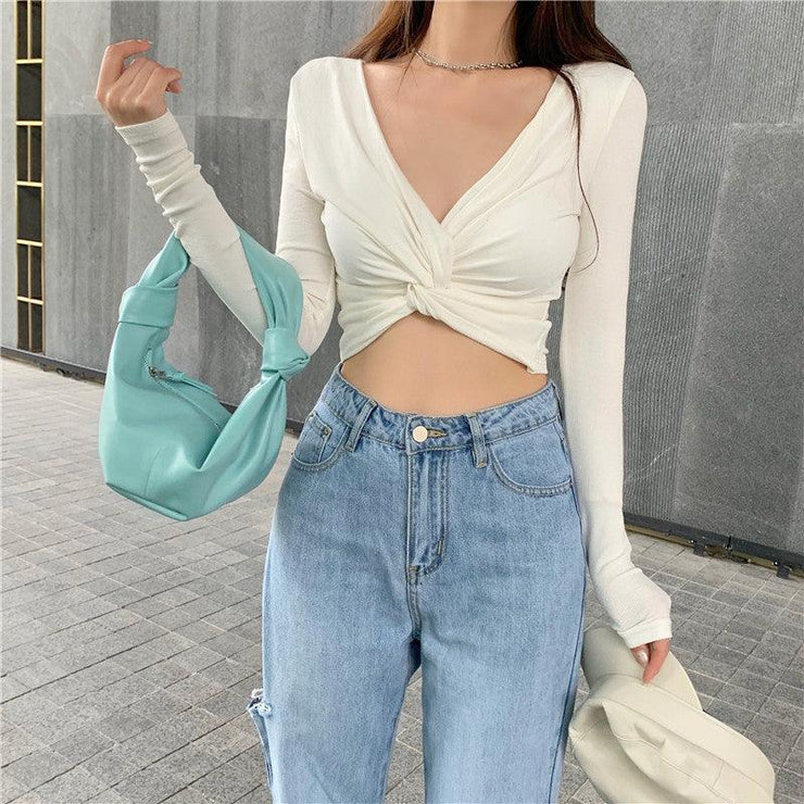 V-neck long sexy crop top - shoperly