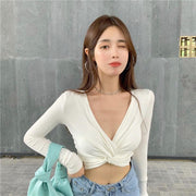 V-neck long sexy crop top - shoperly