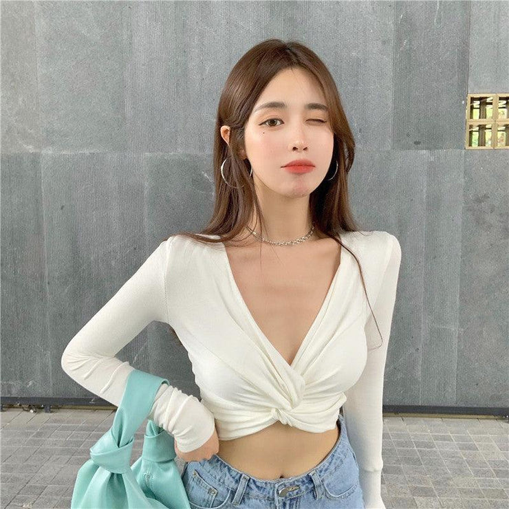 V-neck long sexy crop top - shoperly