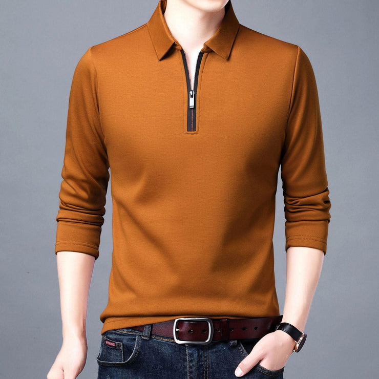 Spring And Autumn Men Long Sleeve Lapel Half Zip T Shirt - shoperly