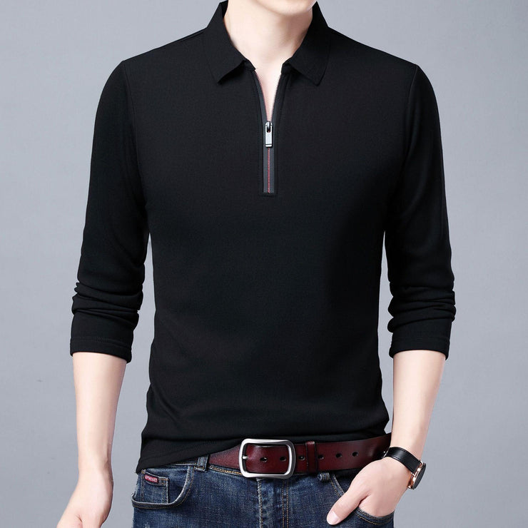 Spring And Autumn Men Long Sleeve Lapel Half Zip T Shirt - shoperly
