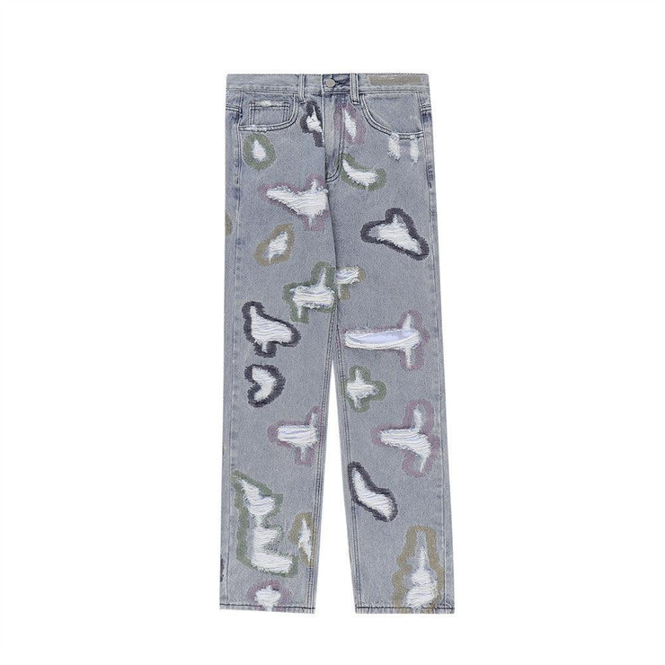 Color Contrast Ripped Embroidered Jeans American Style - shoperly