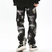 Color Contrast Ripped Embroidered Jeans American Style - shoperly