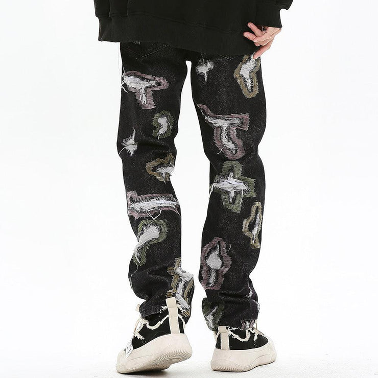 Color Contrast Ripped Embroidered Jeans American Style - shoperly