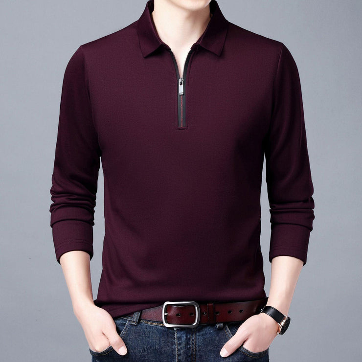 Spring And Autumn Men Long Sleeve Lapel Half Zip T Shirt - shoperly
