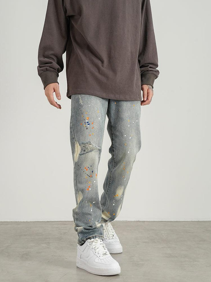 Knife Cut Ink Paint Straight Loose Jeans Men - shoperly