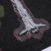 Color Contrast Ripped Embroidered Jeans American Style - shoperly