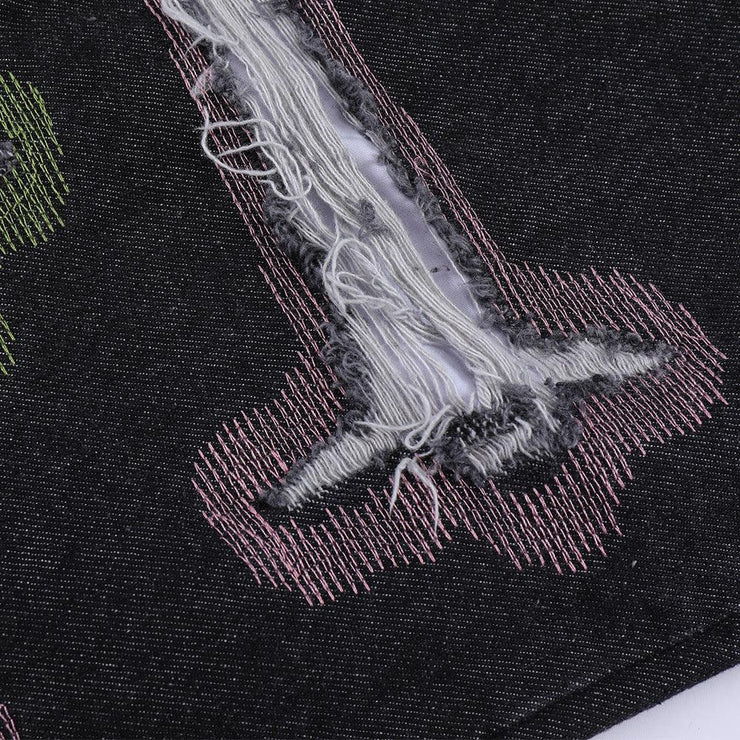 Color Contrast Ripped Embroidered Jeans American Style - shoperly