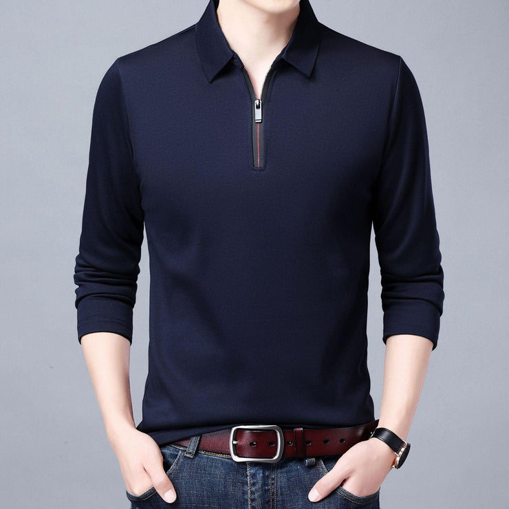 Spring And Autumn Men Long Sleeve Lapel Half Zip T Shirt - shoperly