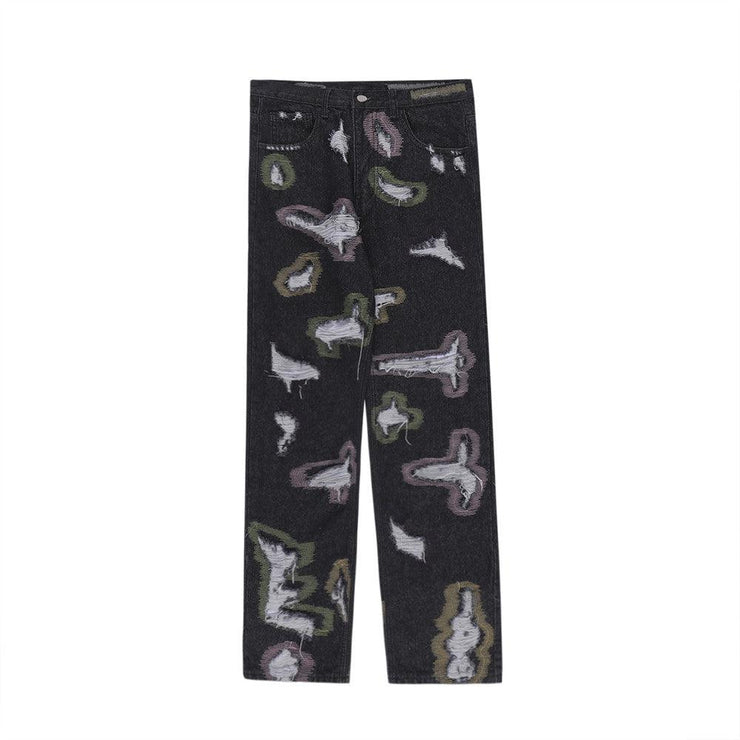 Color Contrast Ripped Embroidered Jeans American Style - shoperly